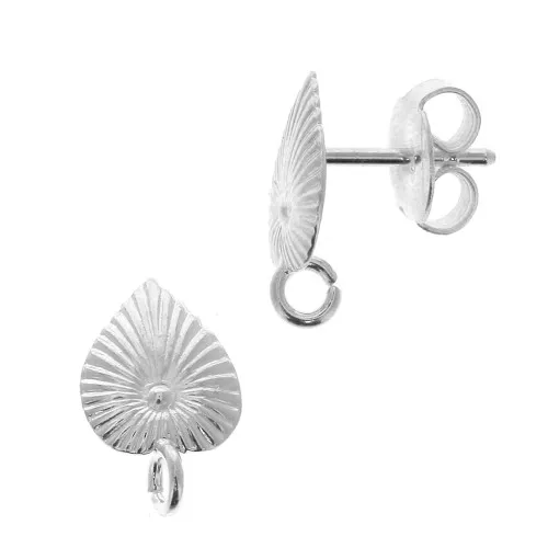 12x8mm Leaf earstuds with open ring - fine silver plating x2