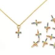 Cross Charm Zirconium Oxides 11.5x7 mm - Fine gold plated - Multicolor x1