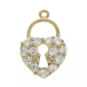 16x10.5mm Heart padlock charm with  zirconium oxide - Open ring - Gold Tone - Crystal x1