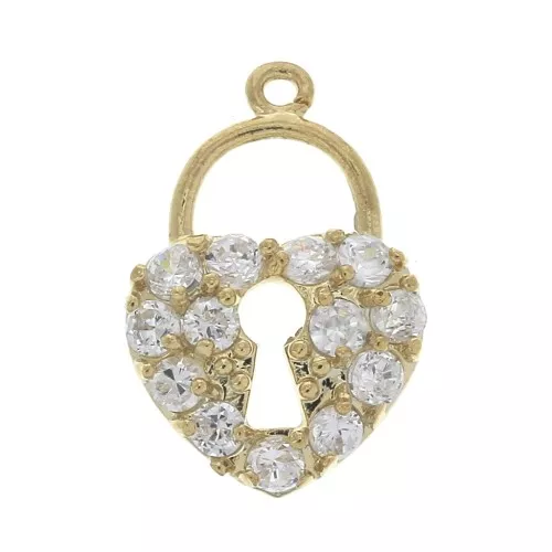 16x10.5mm Heart padlock charm with zirconium oxide - Open ring - Gold Tone - Crystal x1