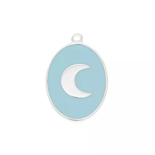 17x11mm 925 Sterling Silver epoxy resin oval charm - Moon - Blue x1
