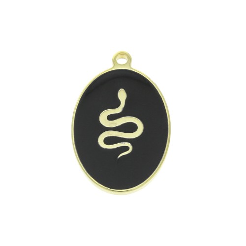 17x11mm 925 Sterling Silver epoxy resin oval charm - snake - Black - Gold x1
