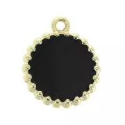 17x15mm Round brass and epoxy resin charm - Gold Tone - Black x1
