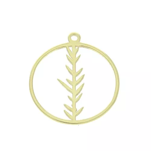 16mm 925 Sterling Silver Round hollowed out charm with foliage - Gold Tone x1