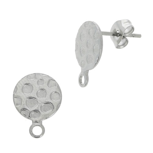 10mm 304L Stainless steel hammered disc earstuds with closed ring x2
