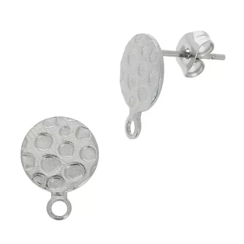 10mm 304L Stainless steel hammered disc earstuds with closed ring x2