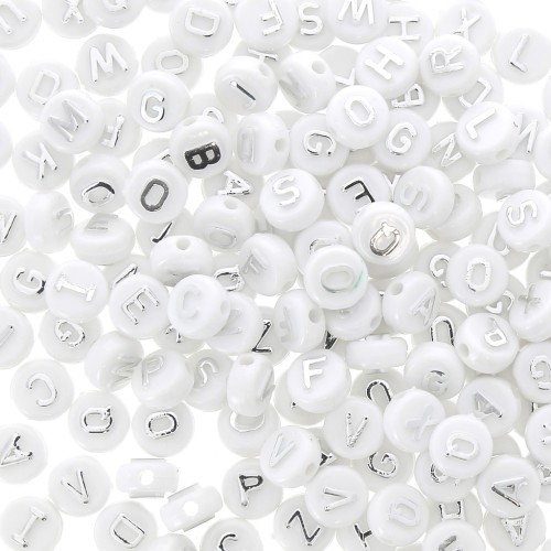 Assortment of 200 round alphabet 9.5m letter beads - White - Argenté x1