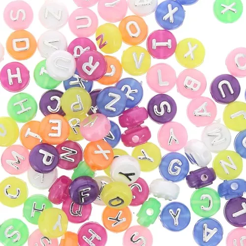 Assortment of 100 round 9.5mm alphabet letter beads - Multicolored - Silver x1