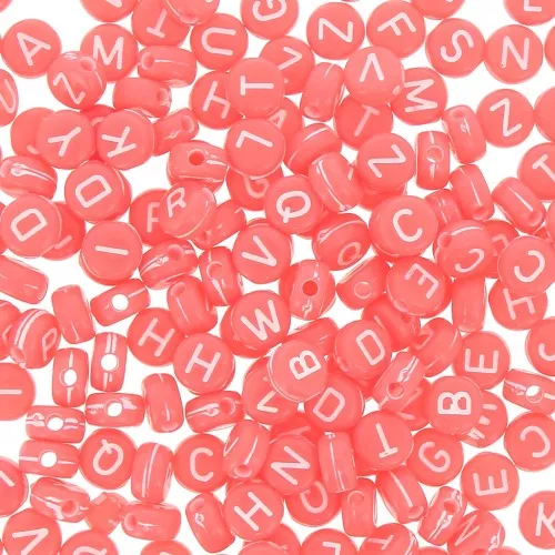 Assortment of 200 round 7mm alphabet letter beads - Coral - White x1