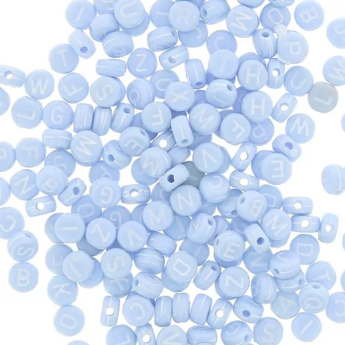 Assortment of 200 round 7mm alphabet letter beads - Pastel Blue - White x1