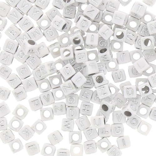 Assortment of 200 letter 6 mm cubes beads - White - Silver x1