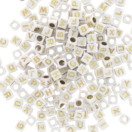 Assortment of 200 letter 6 mm cubes beads - White - Gold x1