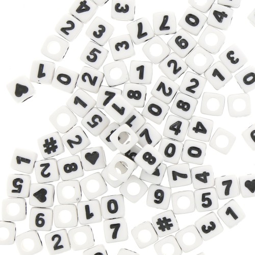 Assortment of 100 numbers and symbols 7 mm cubes beads - White - Black x1