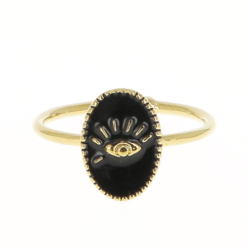 Adjustable oval ring with epoxy resin - eye - Fine Gold plated - Black x1