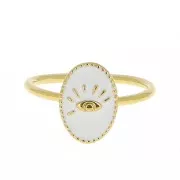 Adjustable oval ring with epoxy resin - eye - Fine Gold plated - White x1