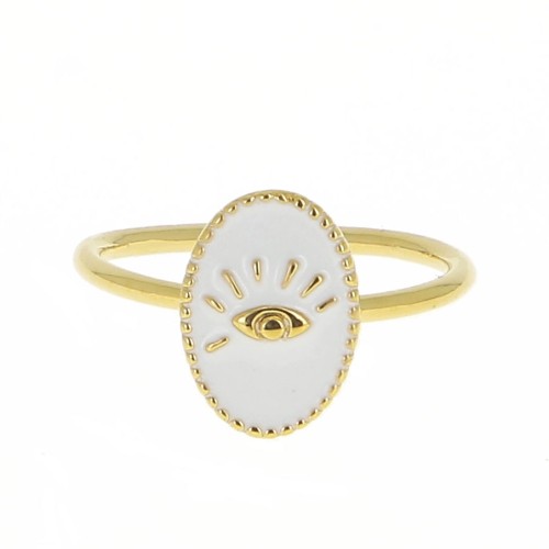 Adjustable oval ring with epoxy resin - eye - Fine Gold plated - White x1