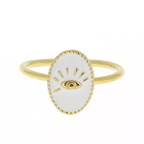 Adjustable oval ring with epoxy resin - eye - Fine Gold plated - White x1