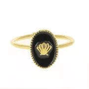 Adjustable oval ring with epoxy resin - shell - Fine Gold plated - Black x1