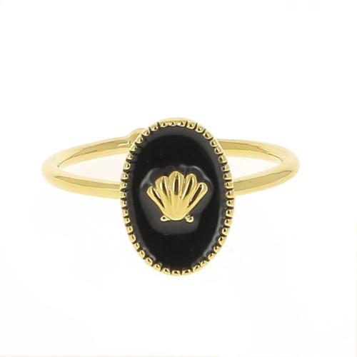 Adjustable oval ring with epoxy resin - shell - Fine Gold plated - Black x1