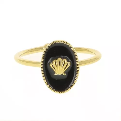 Adjustable oval ring with epoxy resin - shell - Fine Gold plated - Black x1