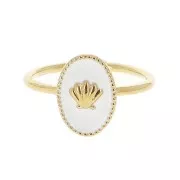 Adjustable oval ring with epoxy resin - shell - Fine Gold plated - White x1