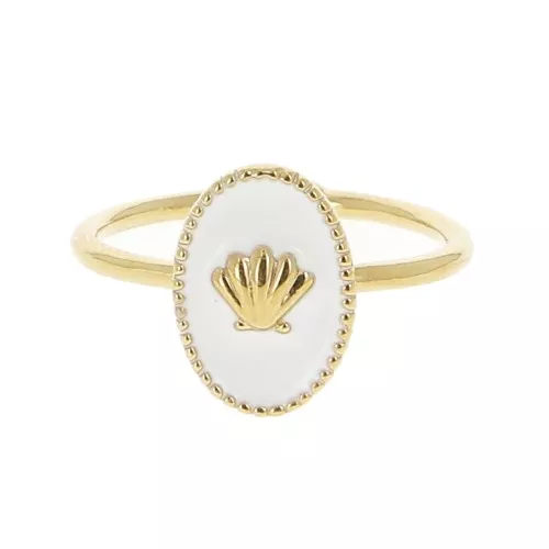 Adjustable oval ring with epoxy resin - shell - Fine Gold plated - White x1