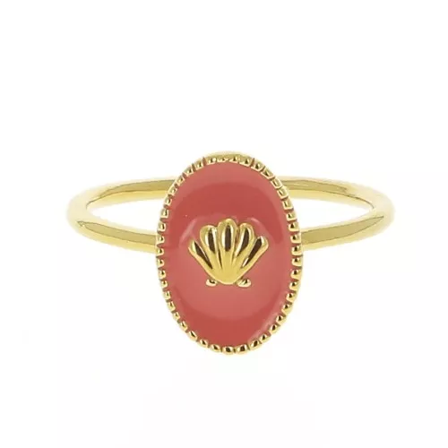 Adjustable oval ring with epoxy resin - shell - Fine Gold plated - Coral x1