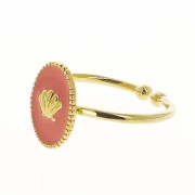 Adjustable oval ring with epoxy resin - shell - Fine Gold plated - Coral x1