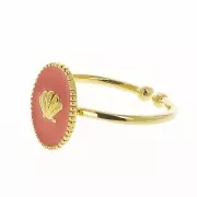 Adjustable oval ring with epoxy resin - shell - Fine Gold plated - Coral x1