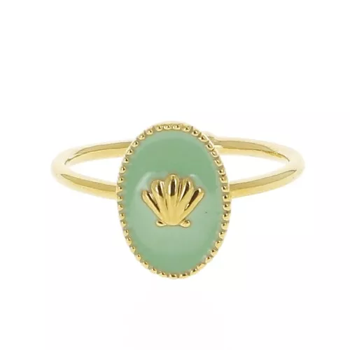 Adjustable oval ring with epoxy resin - shell - Fine Gold plated - Mint x1