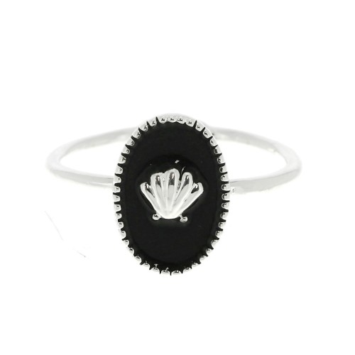 Adjustable oval ring with epoxy resin - Shell - fine silver plating - Black x1