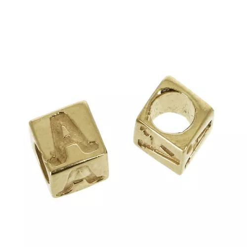5mm Cube alphabet letter bead with large hole - A - Gold plated 3 micron x1