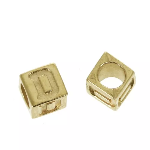 5mm Cube alphabet letter bead with large hole - D - Gold plated 3 micron x1