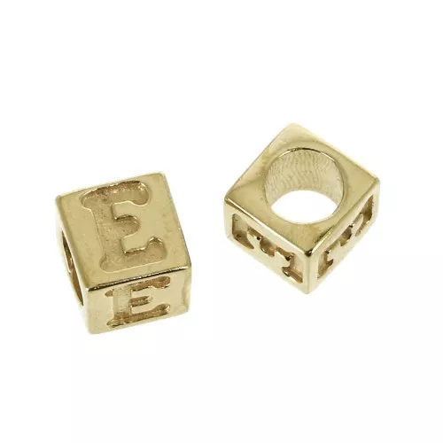 5mm Cube alphabet letter bead with large hole - E - Gold plated 3 micron x1