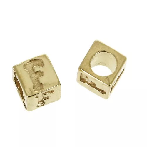 5mm Cube alphabet letter bead with large hole - F - Gold plated 3 micron x1