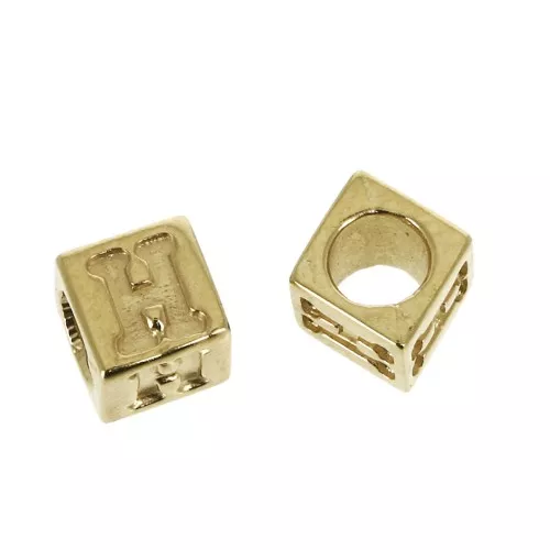 5mm Cube alphabet letter bead with large hole - H - Gold plated 3 micron x1