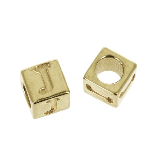 5mm Cube alphabet letter bead with large hole - J - Gold plated 3 micron x1