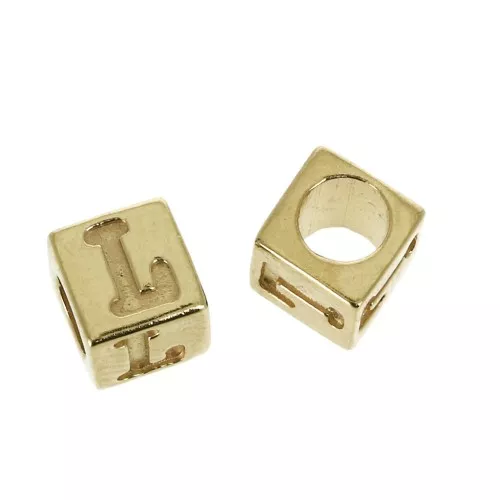 5mm Cube alphabet letter bead with large hole - L - Gold plated 3 micron x1