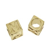 5mm Cube alphabet letter bead with large hole - M - Gold plated 3 micron x1