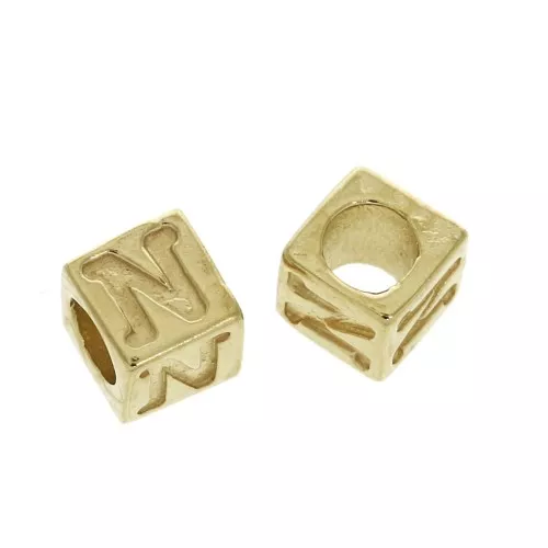 5mm Cube alphabet letter bead with large hole - N - Gold plated 3 micron x1