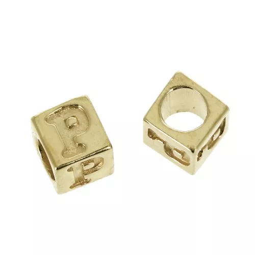 5mm Cube alphabet letter bead with large hole - P - Gold plated 3 micron x1