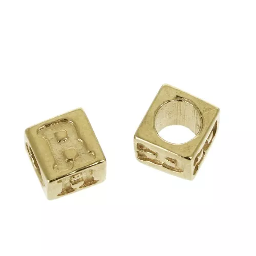 5mm Cube alphabet letter bead with large hole - R - Gold plated 3 micron x1