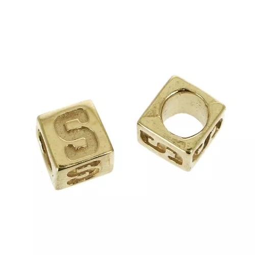 5mm Cube alphabet letter bead with large hole - S - Gold plated 3 micron x1