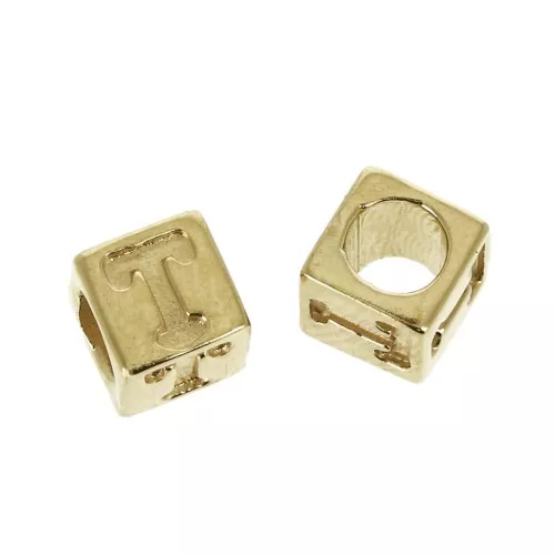 5mm Cube alphabet letter bead with large hole - T - Gold plated 3 micron x1