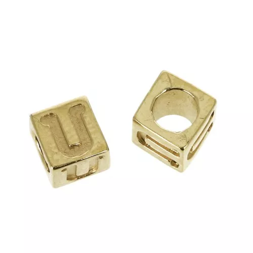 5mm Cube alphabet letter bead with large hole - U - Gold plated 3 micron x1