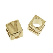 5mm Cube alphabet letter bead with large hole - V - Gold plated 3 micron x1