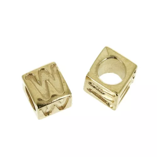 5mm Cube alphabet letter bead with large hole - W - Gold plated 3 micron x1