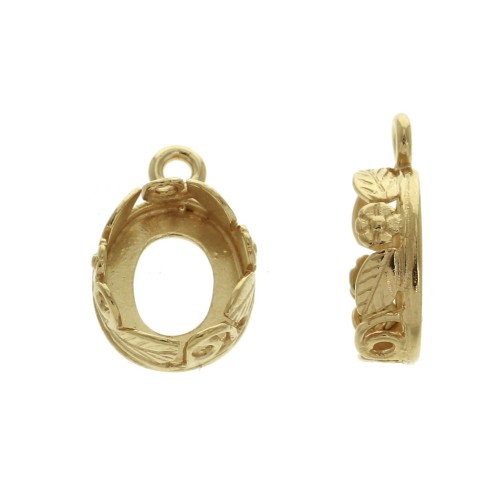 10x8mm Oval worked oval pendant for flat back cabochon - Gold plated 3 micron x1