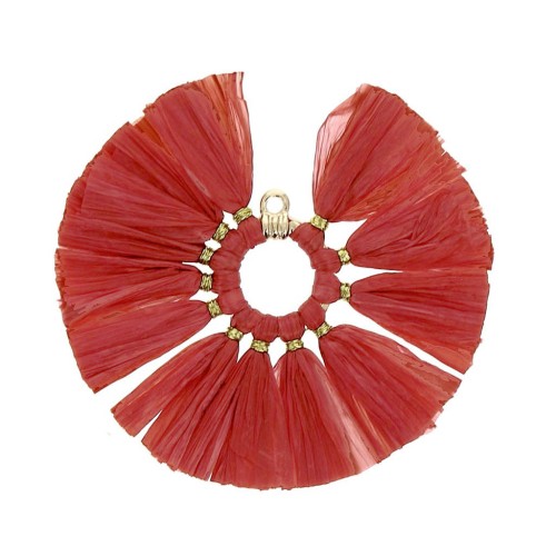 53mm Fan pendant with raffia tassels - Red - Gold Tone x1