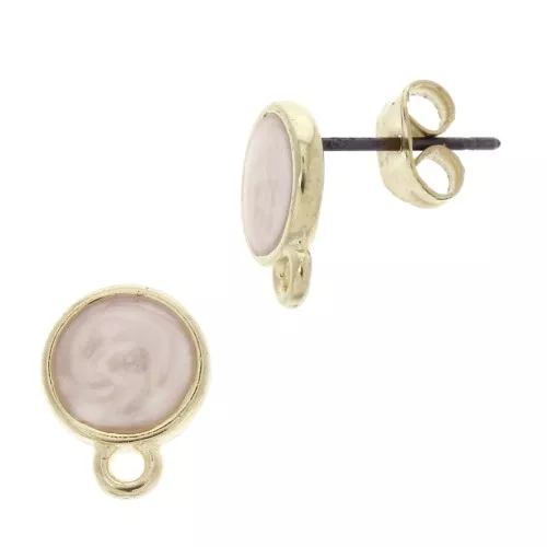 11.5x9mm Epoxy resin round earstuds with ring - Fine Gold Plated - White pearl x2